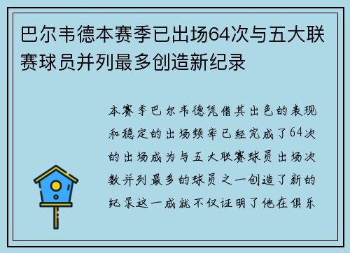 巴尔韦德本赛季已出场64次与五大联赛球员并列最多创造新纪录 巴尔韦德本赛季已出场64次与五大联赛球员并列最多创造新纪录