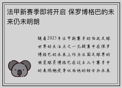 法甲新赛季即将开启 保罗博格巴的未来仍未明朗 法甲新赛季即将开启 保罗博格巴的未来仍未明朗