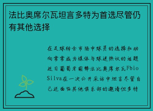 法比奥席尔瓦坦言多特为首选尽管仍有其他选择 法比奥席尔瓦坦言多特为首选尽管仍有其他选择