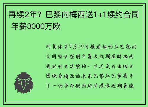再续2年？巴黎向梅西送1+1续约合同 年薪3000万欧